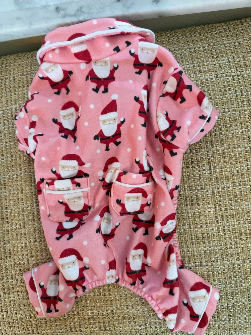 Pink Santa Print Fleece Dog Pajama Onesie